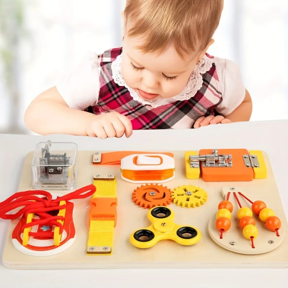 Wooden Busy Board Sensory Activity Toy for Kids Locks Toy Toddler Fine Motor Skills STEM Toy Latches Board for Boys Girls