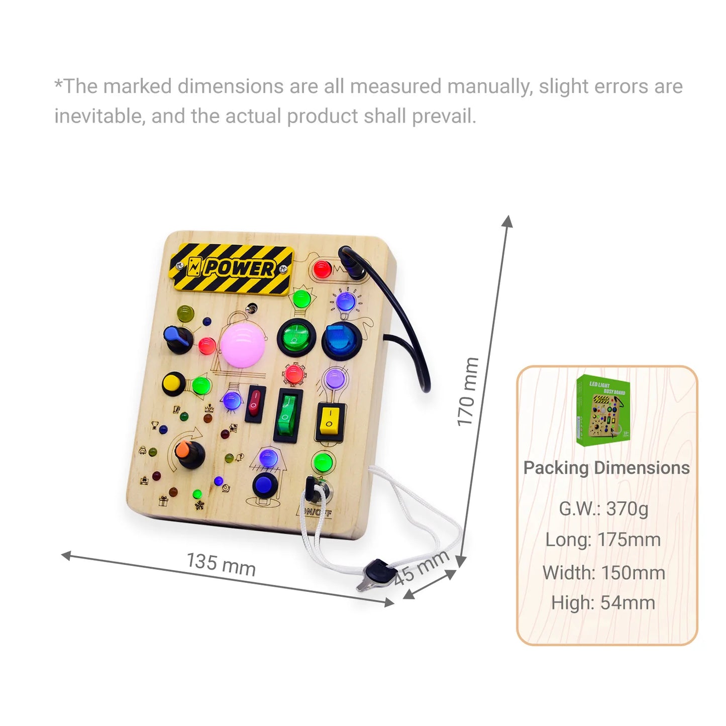 Montessori Wooden Busy Board Switch Toys Button LED Lights Sensory Learning Through Play Toddler Preschool Square-Shaped Circuit
