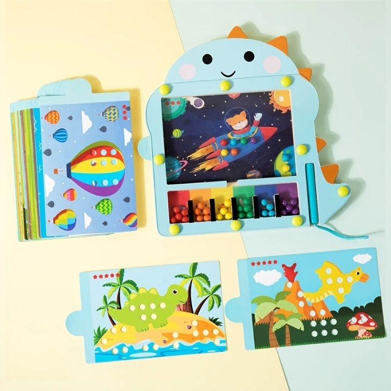 Labyrinthe Magnétique Dinosaure en Bois – Perles & Cartes à Compléter, Motricité Fine 3 Ans+