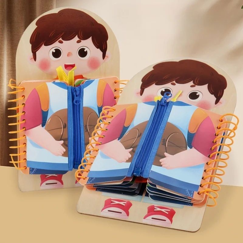 Livre sensoriel en bois Montessori fermé, en forme de personnage garçon avec fermeture éclair et chaussures à velcro