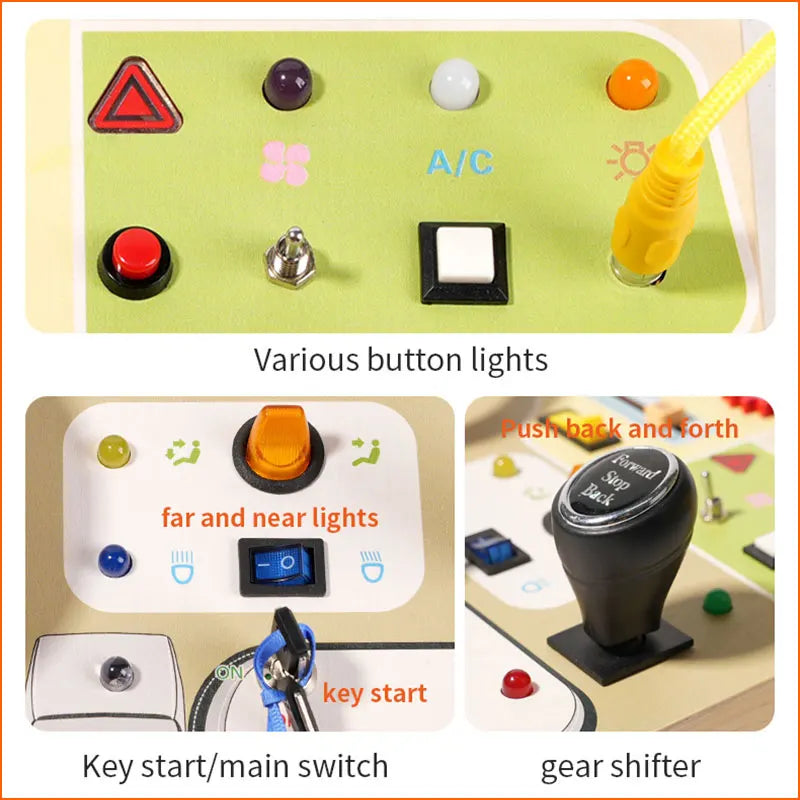 Montessori Wooden Steering Wheel Busy Board Toys Car Light Switch Sensory Games Fine Motor Training Children Travel Play Toys