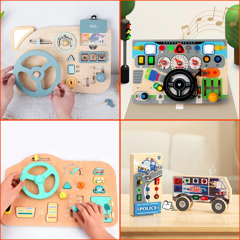 Montessori Wooden Steering Wheel Busy Board Toys Car Light Switch Sensory Games Fine Motor Training Children Travel Play Toys
