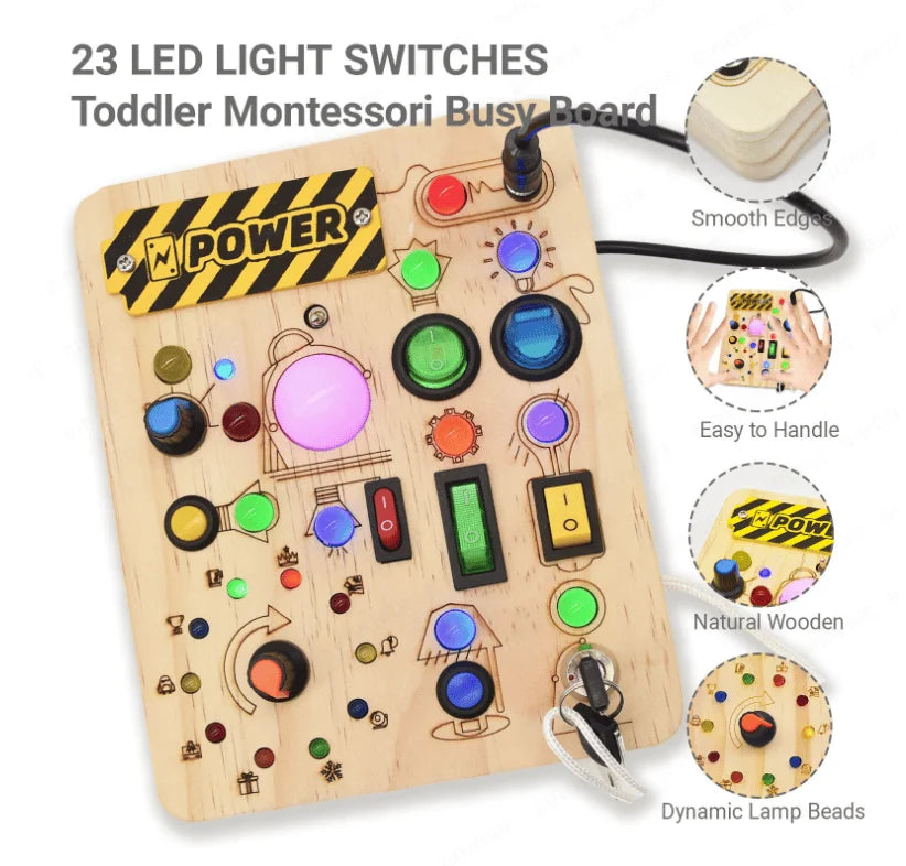 Montessori Wooden Busy Board Switch Toys Button LED Lights Sensory Learning Through Play Toddler Preschool Square-Shaped Circuit