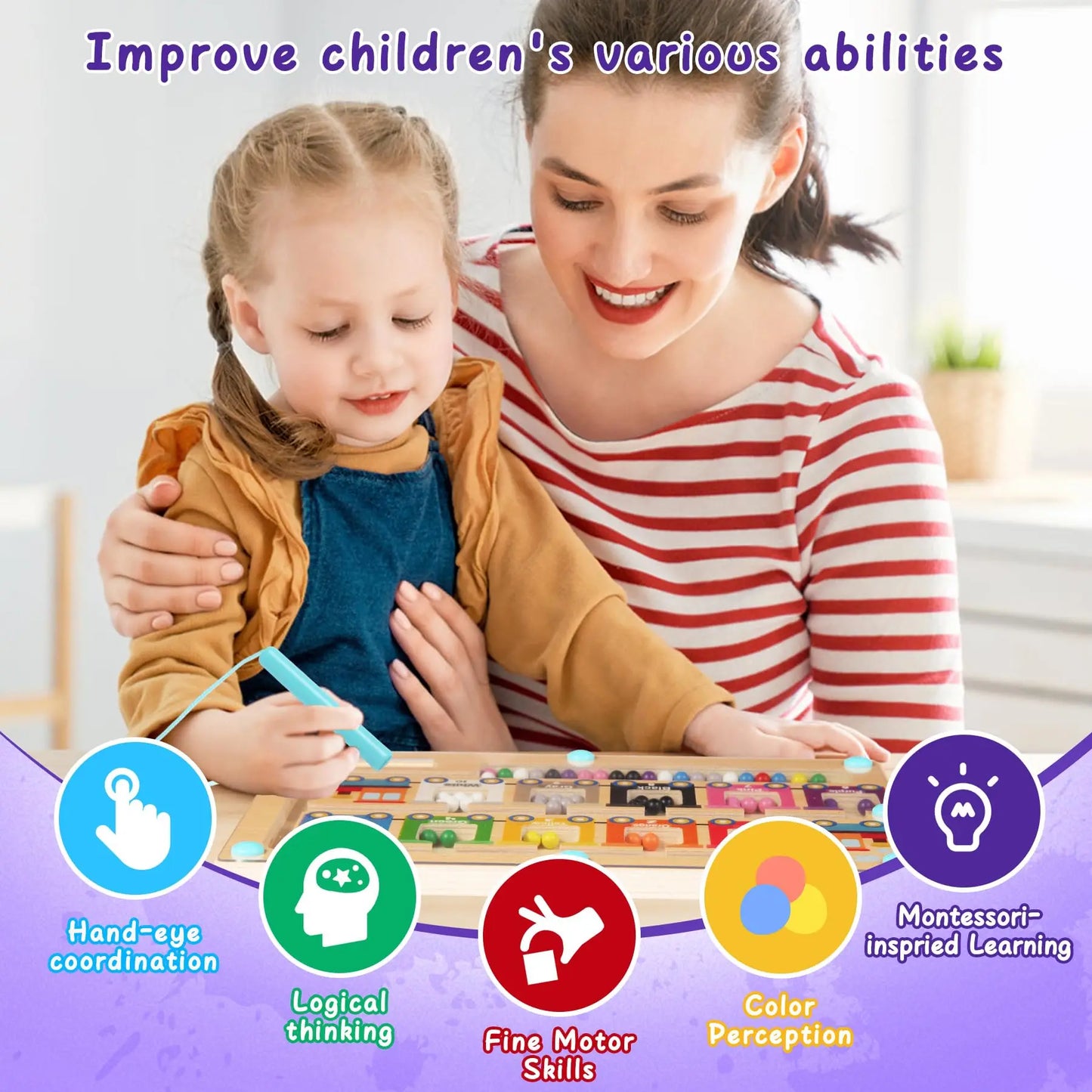 Magnetic Color and Number Maze Montessori Toys Wooden Magnet Balls Puzzle Learning Educational Sensory Toy for Toddlers and Kids