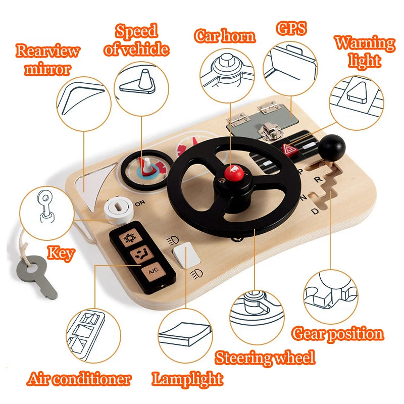Montessori Wooden Steering Wheel Busy Board Toys Car Light Switch Sensory Games Fine Motor Training Children Travel Play Toys
