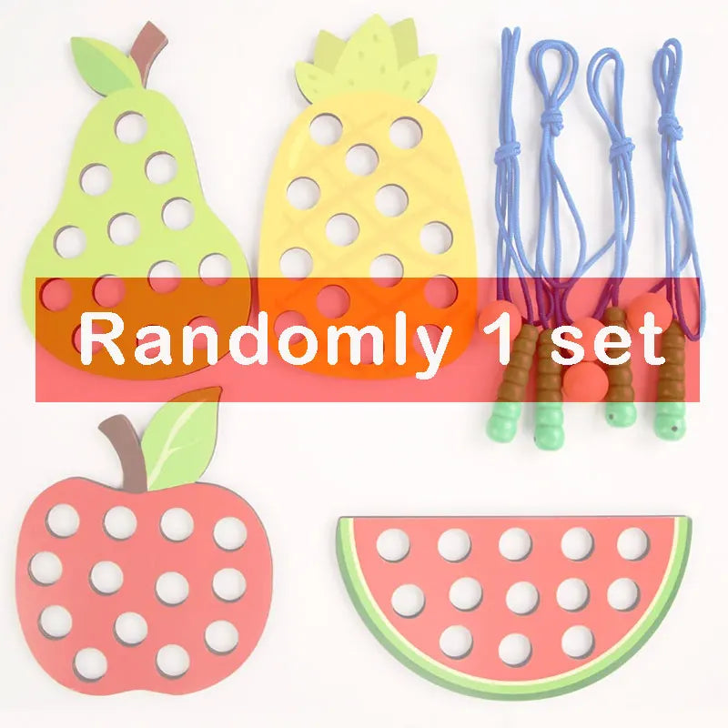 Wooden Lacing Toy Educational Fruits Threading Activity Puzzles Learning Fine Motor Skill Car Travel Toy Set for Toddlers Kids