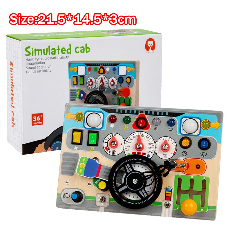 Montessori Wooden Steering Wheel Busy Board Toys Car Light Switch Sensory Games Fine Motor Training Children Travel Play Toys