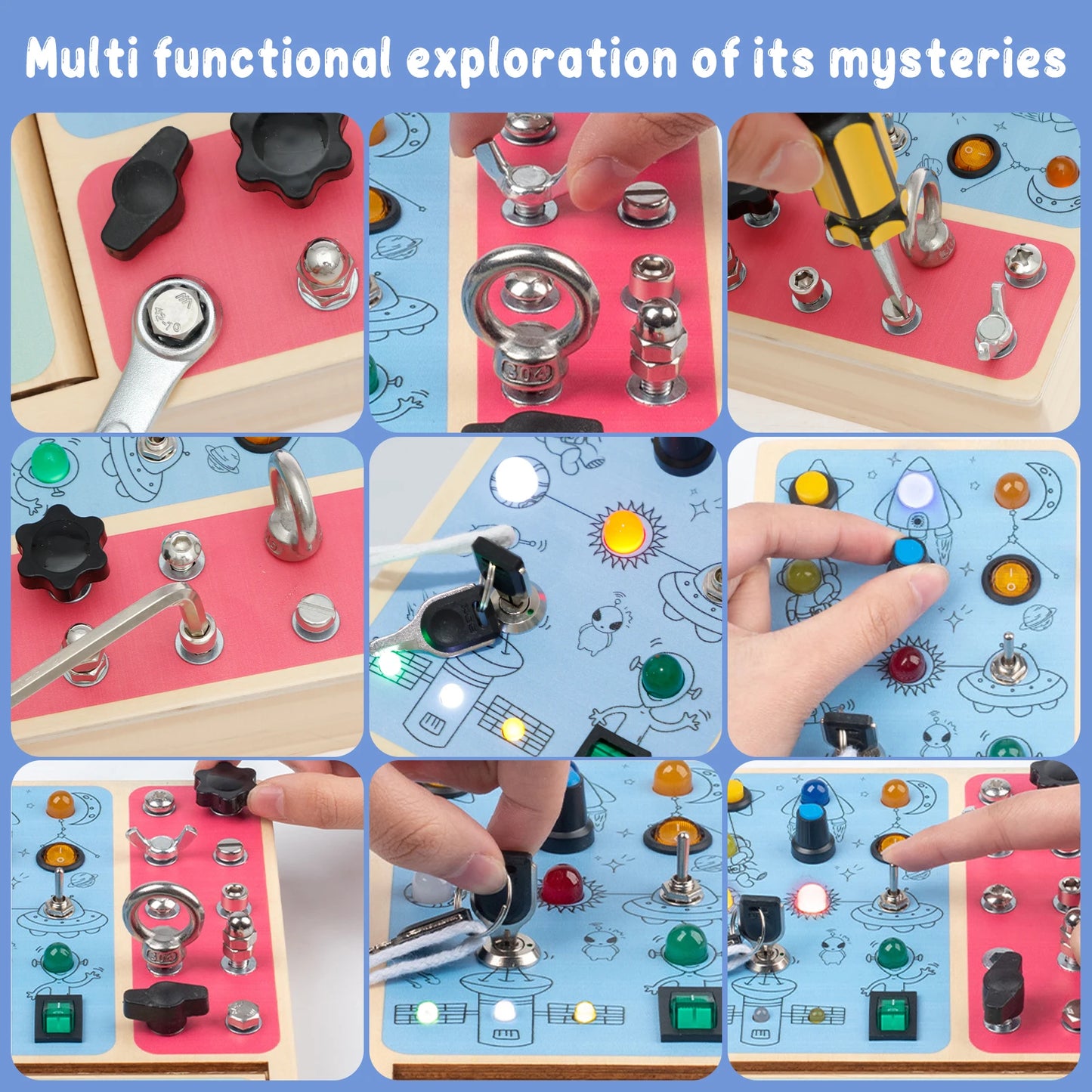 Montessori Wooden Busy Board with LED Light switches, Sensory Toys Light Switch Fidget Board Travel Toys for Toddler