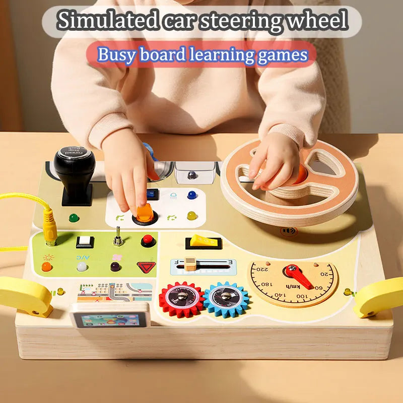 Montessori Wooden Steering Wheel Busy Board Toys Car Light Switch Sensory Games Fine Motor Training Children Travel Play Toys