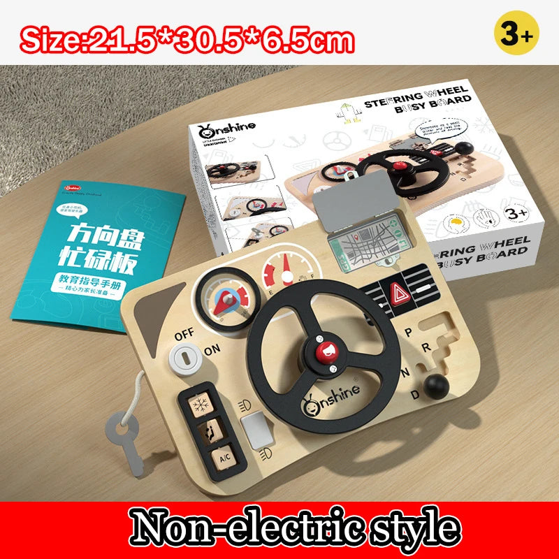 Montessori Wooden Steering Wheel Busy Board Toys Car Light Switch Sensory Games Fine Motor Training Children Travel Play Toys