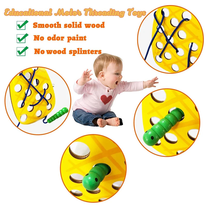 Wooden Lacing Toy Educational Fruits Threading Activity Puzzles Learning Fine Motor Skill Car Travel Toy Set for Toddlers Kids