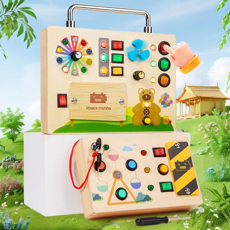 Wooden Sensory Busy Board Montessori Toys Kids Switch Socket Button Electronic Led Light Switch Thinking Game Toddler Senses