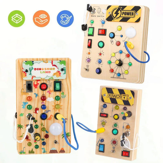 Montessori Toys Wooden Busy Board Switch Toys With Button LED Lights Sensory Travel Toys for Toddler Preschool Learning Activity