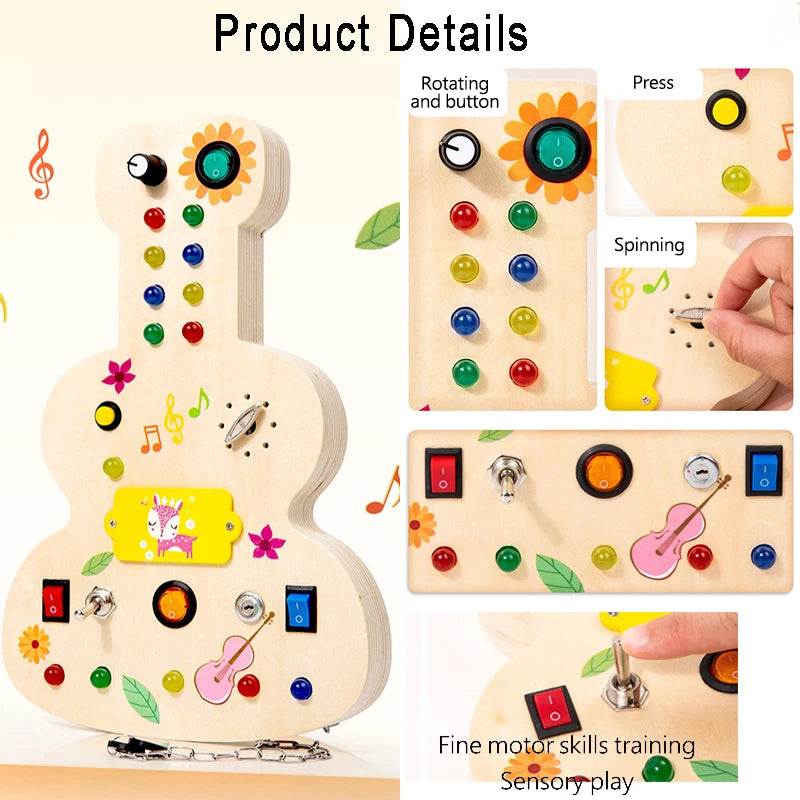 Music Busy Board Montessori Parish Toy LED Light Switch Toddlers Wooden Sensory Activitie Board Travel Activity Educational Toys