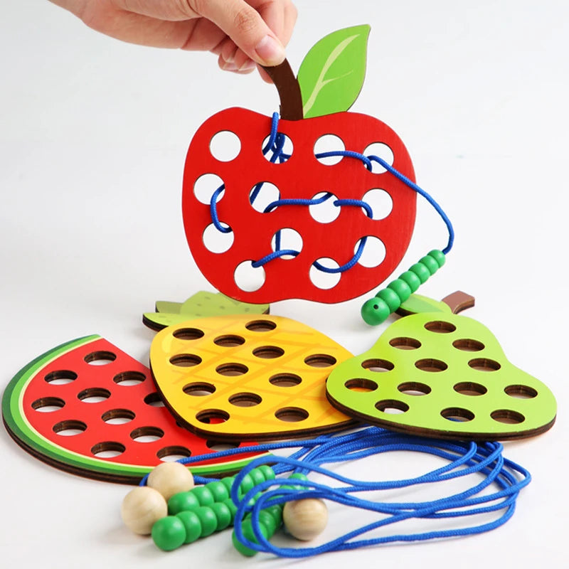 Wooden Lacing Toy Educational Fruits Threading Activity Puzzles Learning Fine Motor Skill Car Travel Toy Set for Toddlers Kids