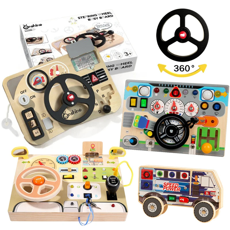 Montessori Wooden Steering Wheel Busy Board Toys Car Light Switch Sensory Games Fine Motor Training Children Travel Play Toys