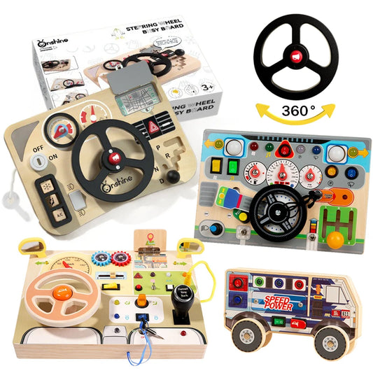 Montessori Wooden Steering Wheel Busy Board Toys Car Light Switch Sensory Games Fine Motor Training Children Travel Play Toys