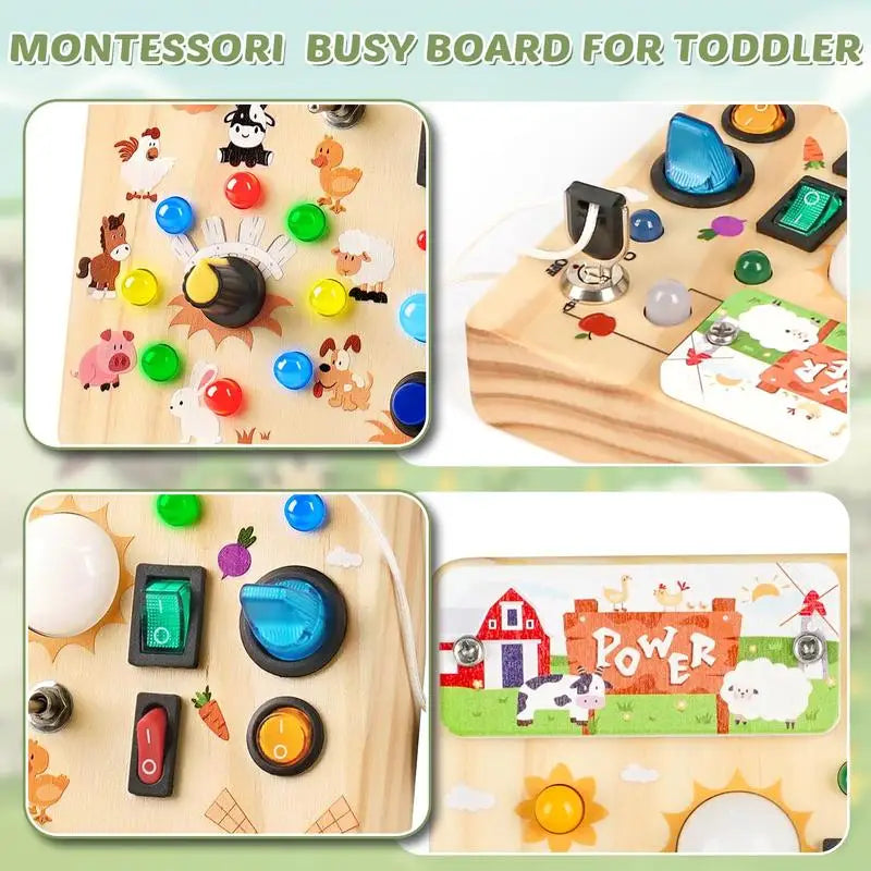 Montessori Wooden Busy Board Switch Toys Button LED Lights Sensory Learning Through Play Toddler Preschool Square-Shaped Circuit