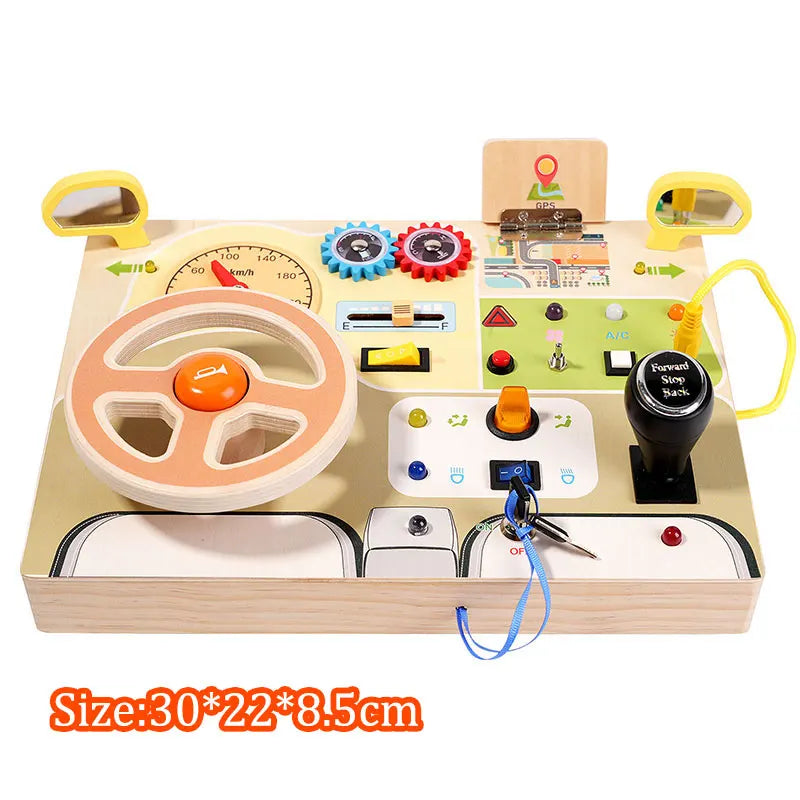 Montessori Wooden Steering Wheel Busy Board Toys Car Light Switch Sensory Games Fine Motor Training Children Travel Play Toys