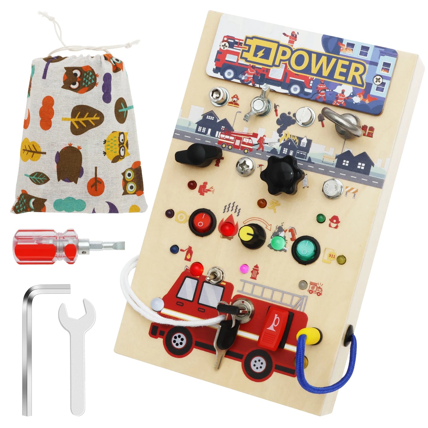 Montessori Wooden Busy Board with LED Light switches, Sensory Toys Light Switch Fidget Board Travel Toys for Toddler