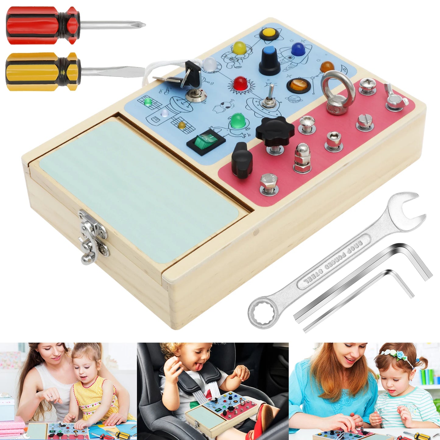 Montessori Wooden Busy Board with LED Light switches, Sensory Toys Light Switch Fidget Board Travel Toys for Toddler