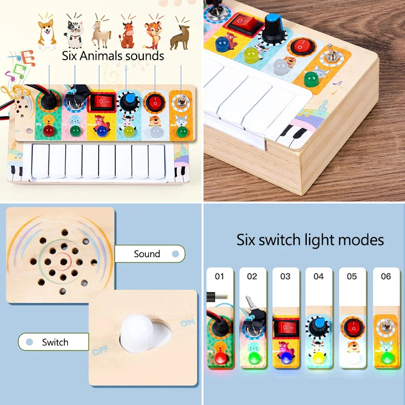 Music Busy Board Montessori Parish Toy LED Light Switch Toddlers Wooden Sensory Activitie Board Travel Activity Educational Toys