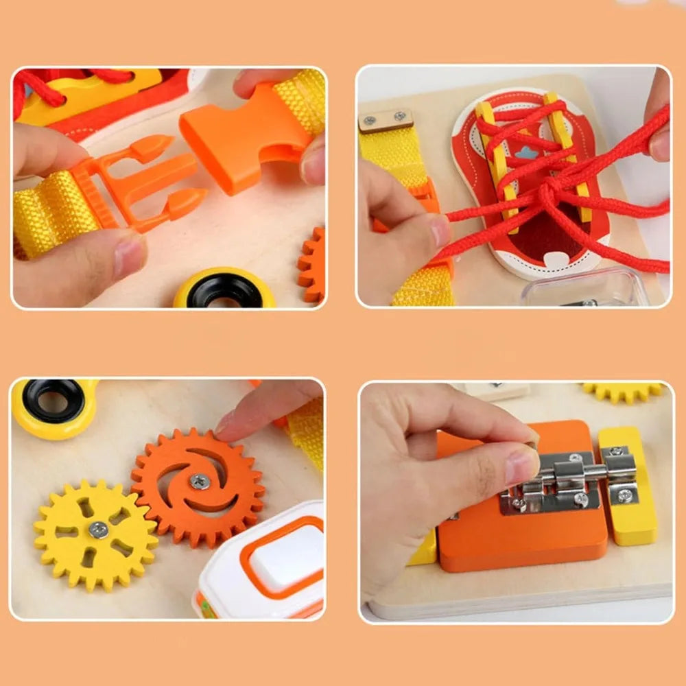 Wooden Busy Board Sensory Activity Toy for Kids Locks Toy Toddler Fine Motor Skills STEM Toy Latches Board for Boys Girls