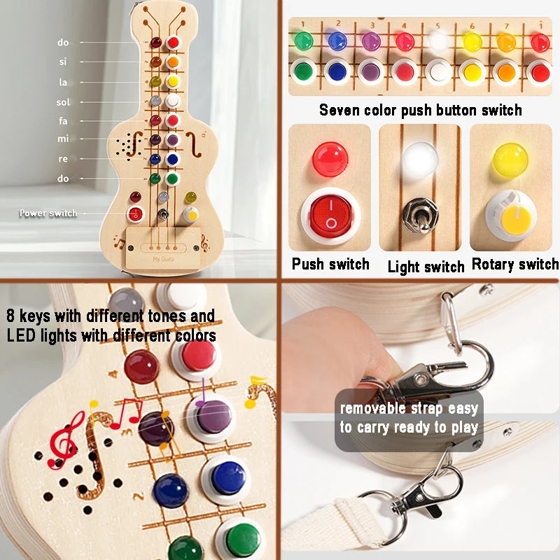 Music Busy Board Montessori Parish Toy LED Light Switch Toddlers Wooden Sensory Activitie Board Travel Activity Educational Toys