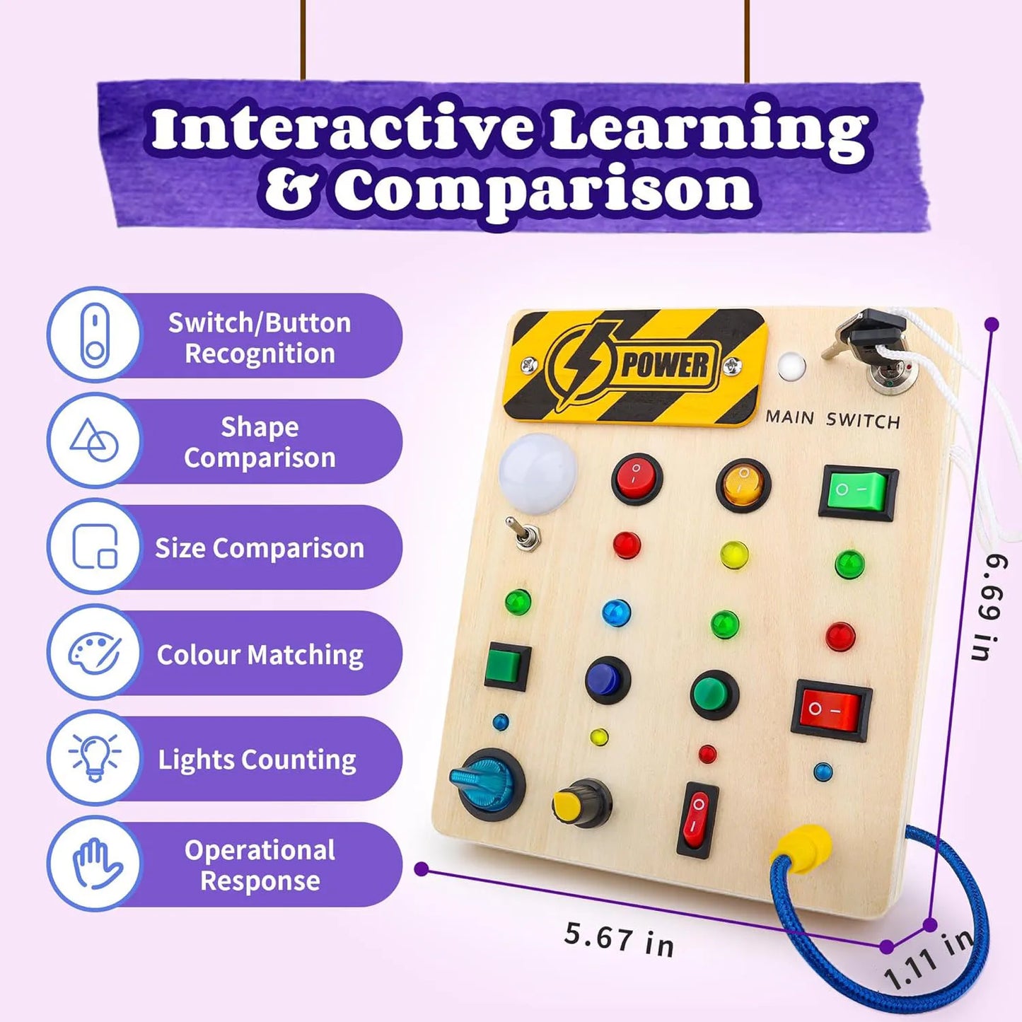 Montessori Toys Wooden Busy Board Switch Toys With Button LED Lights Sensory Travel Toys for Toddler Preschool Learning Activity