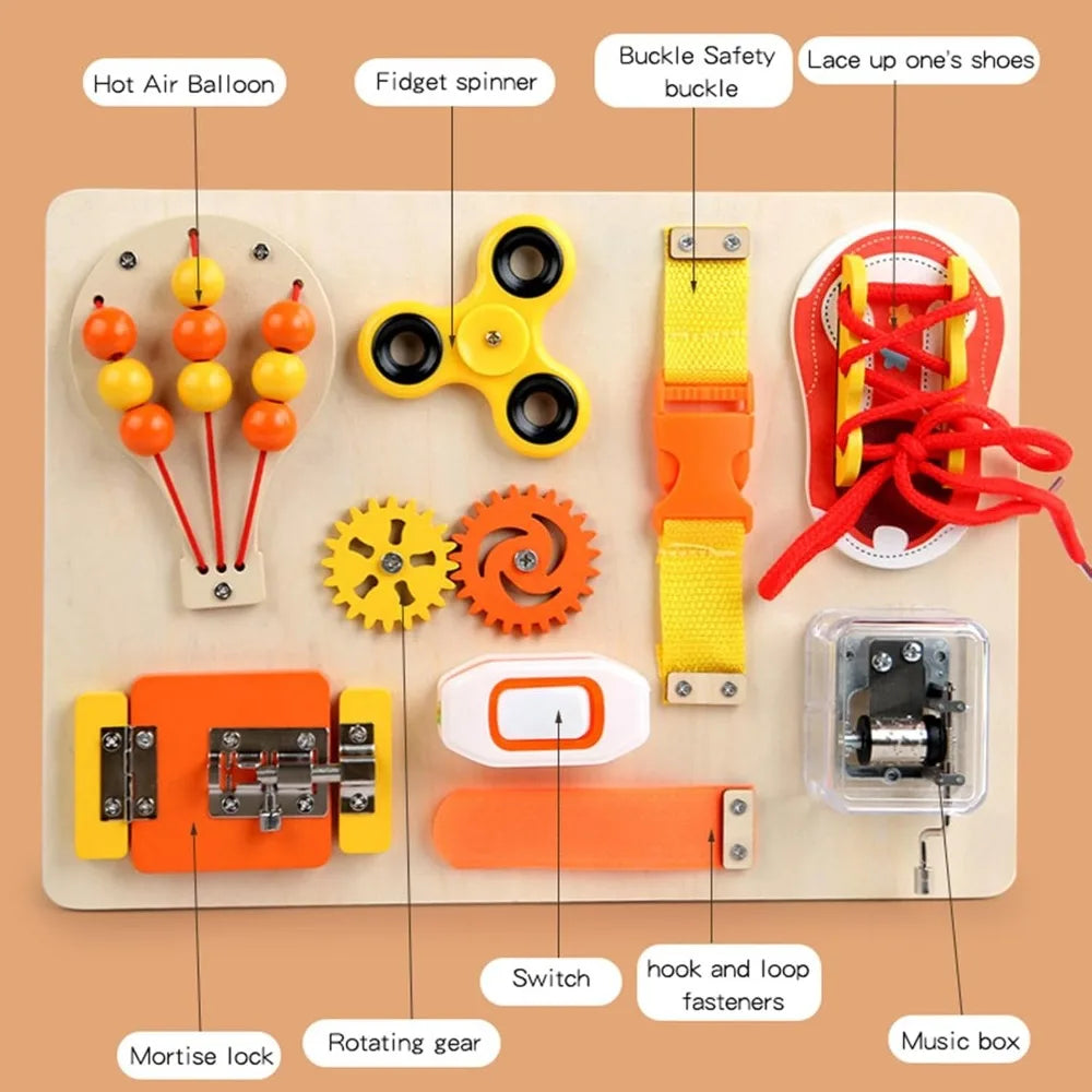 Wooden Busy Board Sensory Activity Toy for Kids Locks Toy Toddler Fine Motor Skills STEM Toy Latches Board for Boys Girls