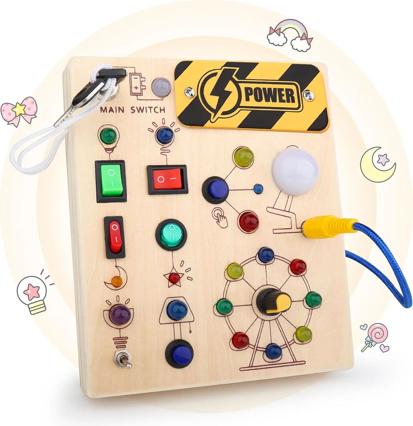 Montessori Toys Wooden Busy Board Switch Toys With Button LED Lights Sensory Travel Toys for Toddler Preschool Learning Activity
