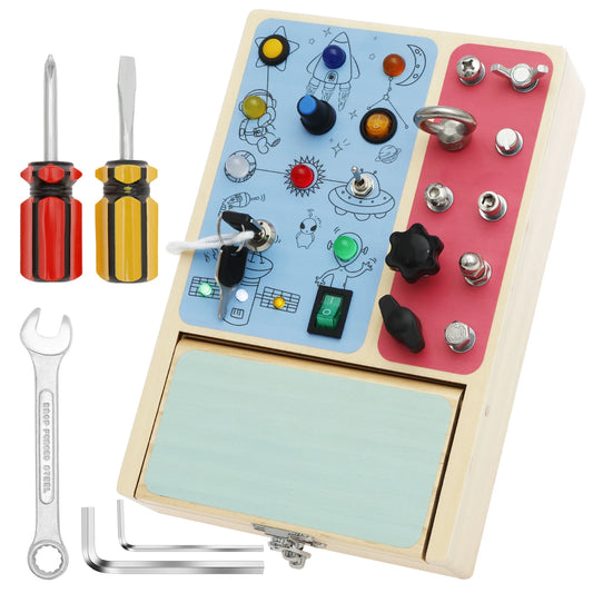 Montessori Wooden Busy Board with LED Light switches, Sensory Toys Light Switch Fidget Board Travel Toys for Toddler