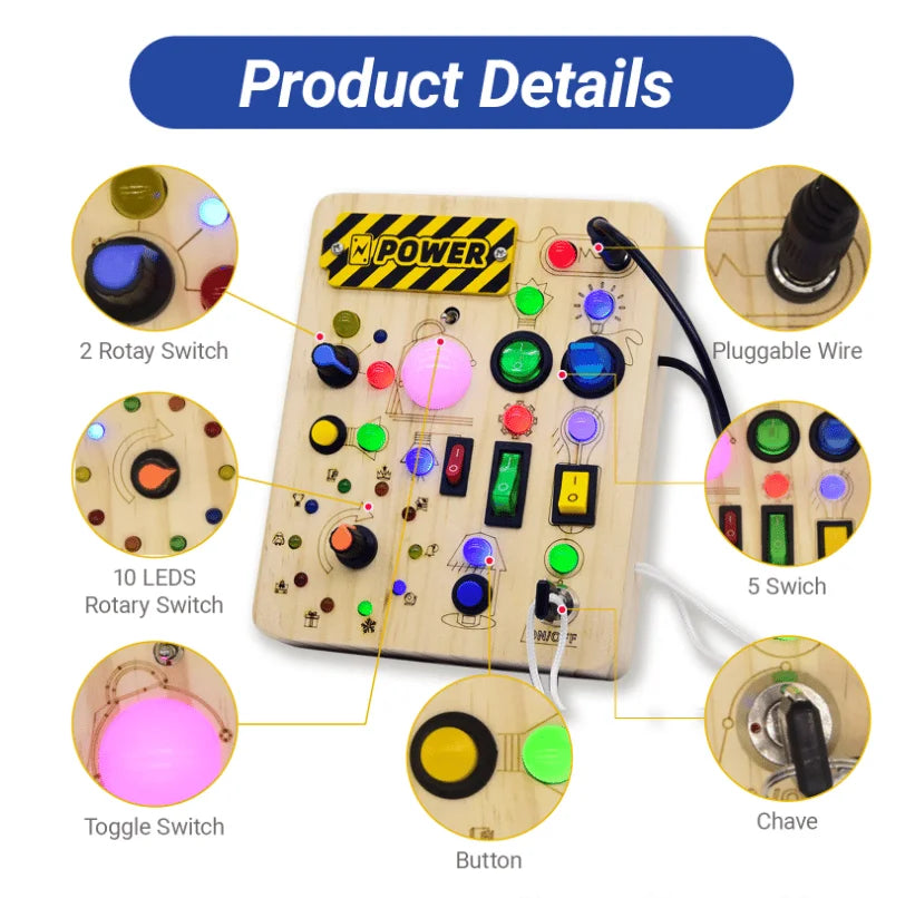 Montessori Wooden Busy Board Switch Toys Button LED Lights Sensory Learning Through Play Toddler Preschool Square-Shaped Circuit