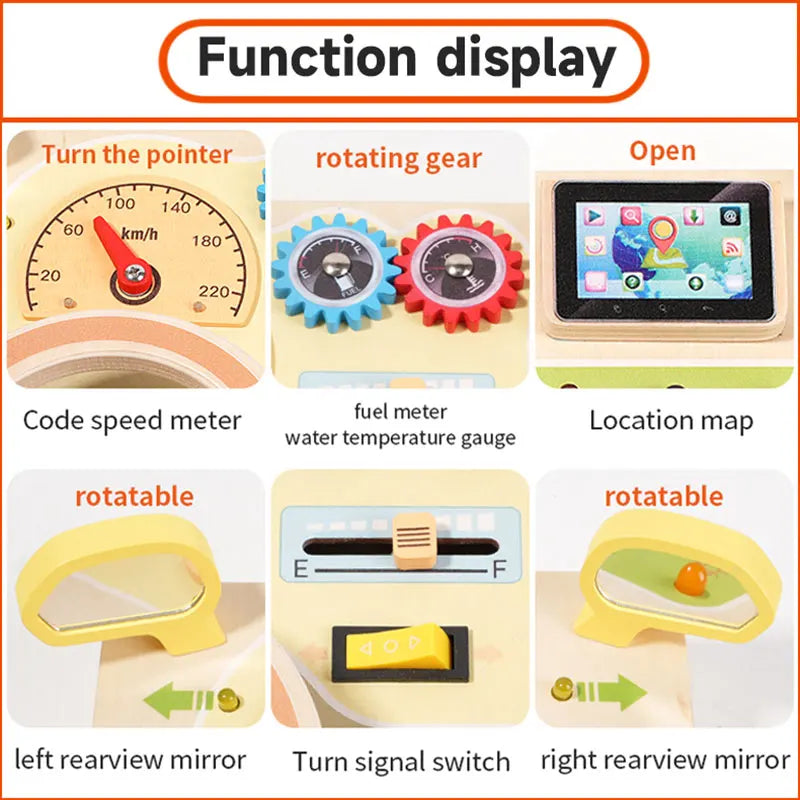 Montessori Wooden Steering Wheel Busy Board Toys Car Light Switch Sensory Games Fine Motor Training Children Travel Play Toys