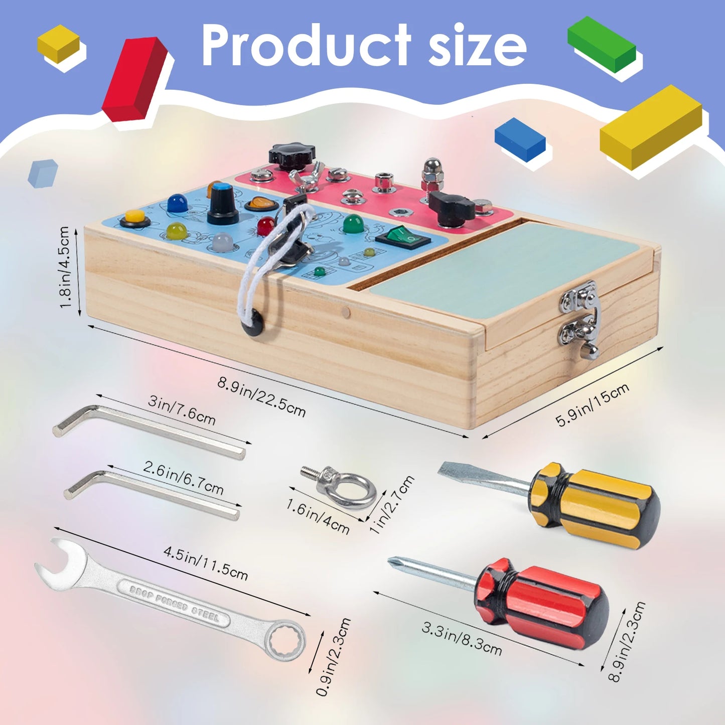 Montessori Wooden Busy Board with LED Light switches, Sensory Toys Light Switch Fidget Board Travel Toys for Toddler