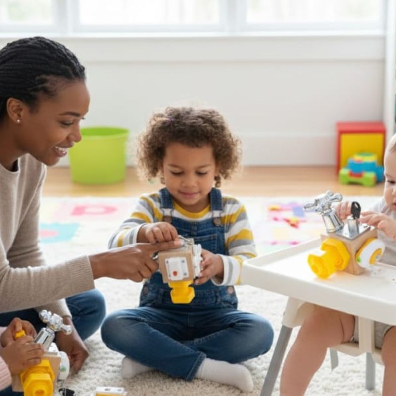 Une maman et des enfants jouant ensemble avec le cube sensoriel 7 en 1 Éveil & Mains