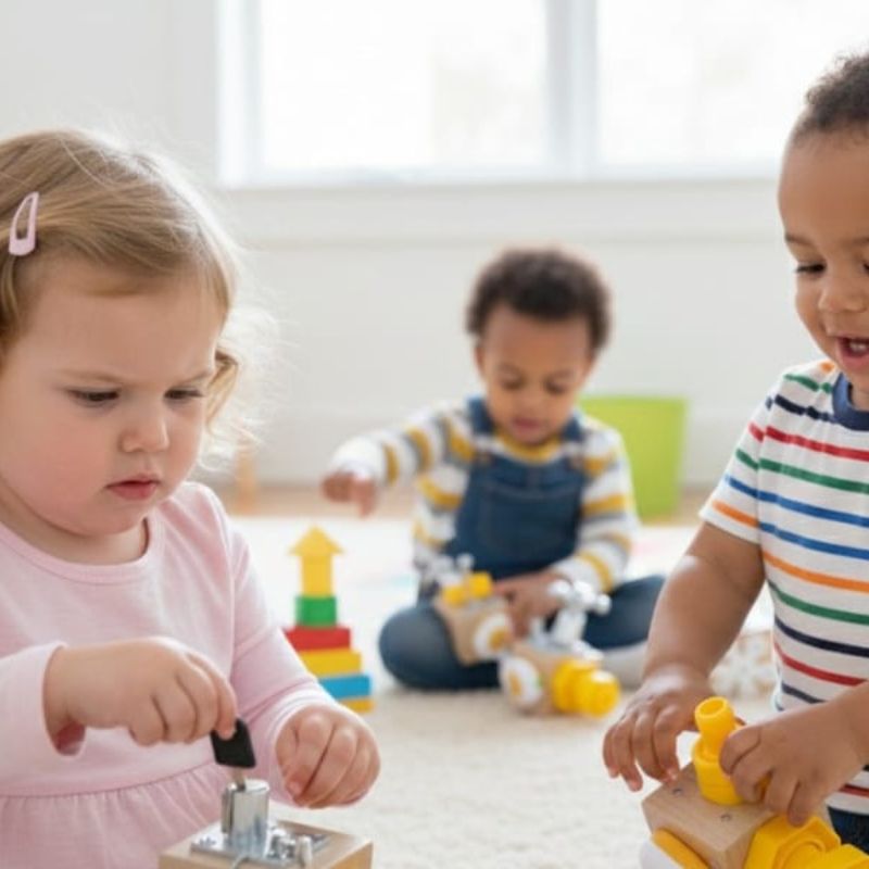 Trois jeunes enfants jouant chacun avec leur propre cube sensoriel 7 en 1
