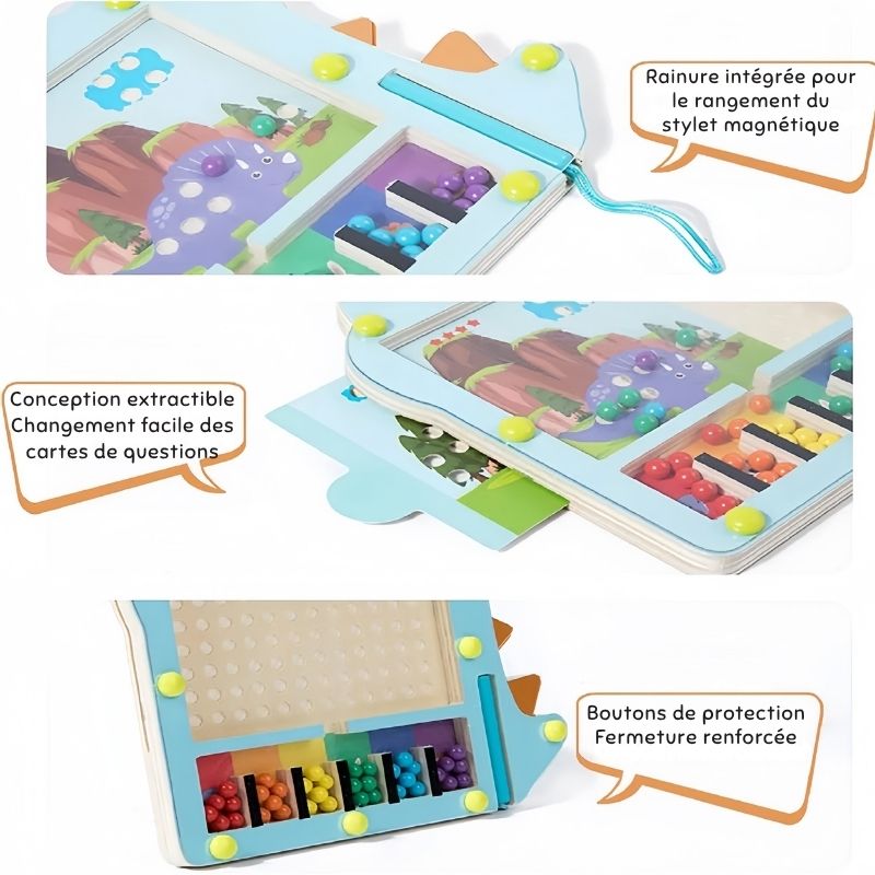 Labyrinthe Magnétique Dinosaure en Bois – Perles & Cartes à Compléter, Motricité Fine 3 Ans+