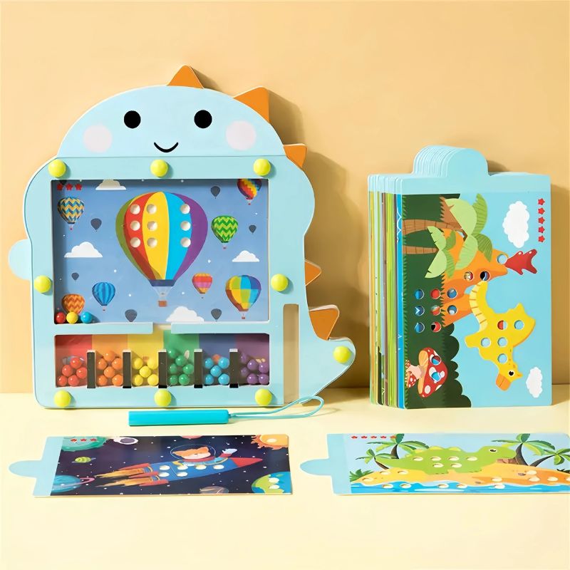 Labyrinthe Magnétique Dinosaure en Bois – Perles & Cartes à Compléter, Motricité Fine 3 Ans+