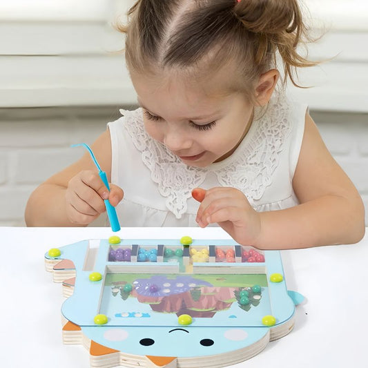 Labyrinthe Magnétique Dinosaure en Bois – Perles & Cartes à Compléter, Motricité Fine 3 Ans+