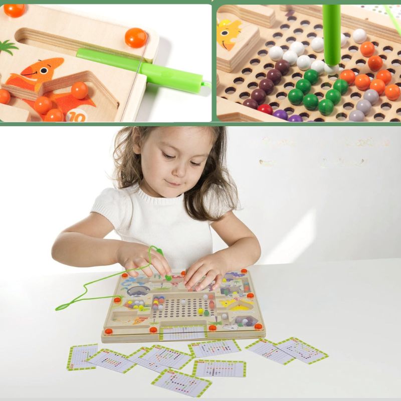 10 Dinosaures à Compter et Trier – Labyrinthe Magnétique en Bois avec Cartes à Motifs