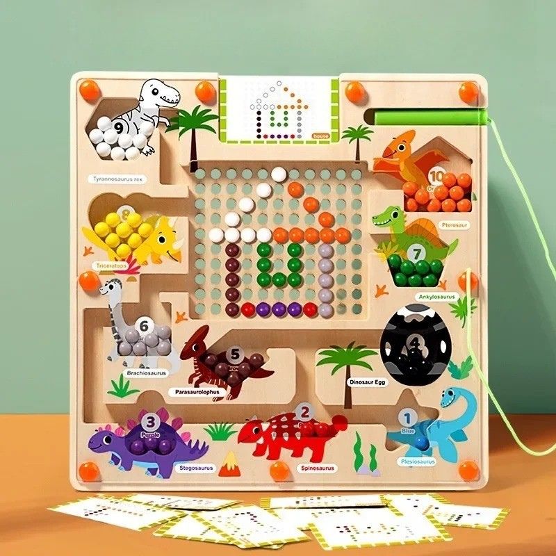10 Dinosaures à Compter et Trier – Labyrinthe Magnétique en Bois avec Cartes à Motifs