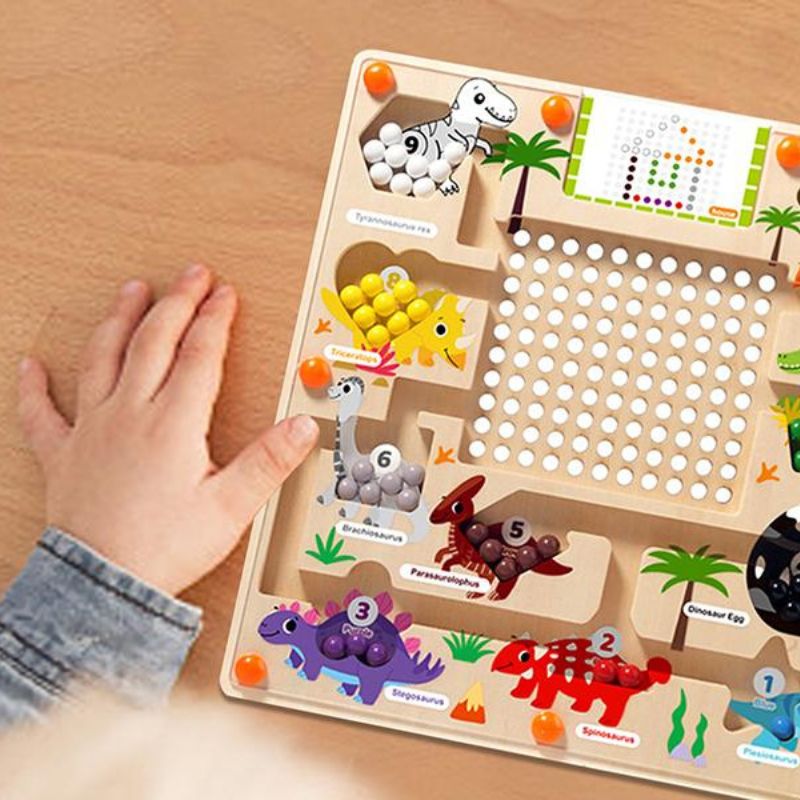 10 Dinosaures à Compter et Trier – Labyrinthe Magnétique en Bois avec Cartes à Motifs