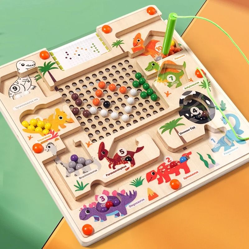 10 Dinosaures à Compter et Trier – Labyrinthe Magnétique en Bois avec Cartes à Motifs