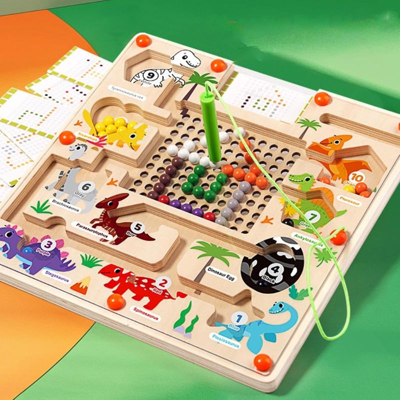 10 Dinosaures à Compter et Trier – Labyrinthe Magnétique en Bois avec Cartes à Motifs