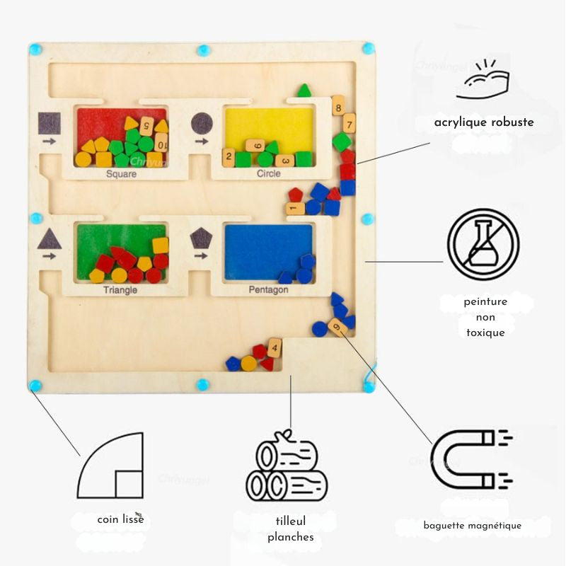 Labyrinthe Magnétique en Bois – Formes & Couleurs, Motricité Fine 3 Ans+