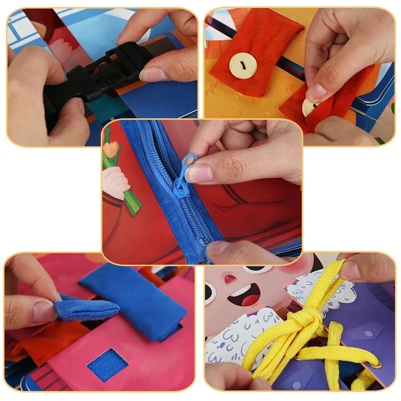 Collage des cinq activités de motricité fine du livre sensoriel : boucle, boutons, zip, velcro, lacets