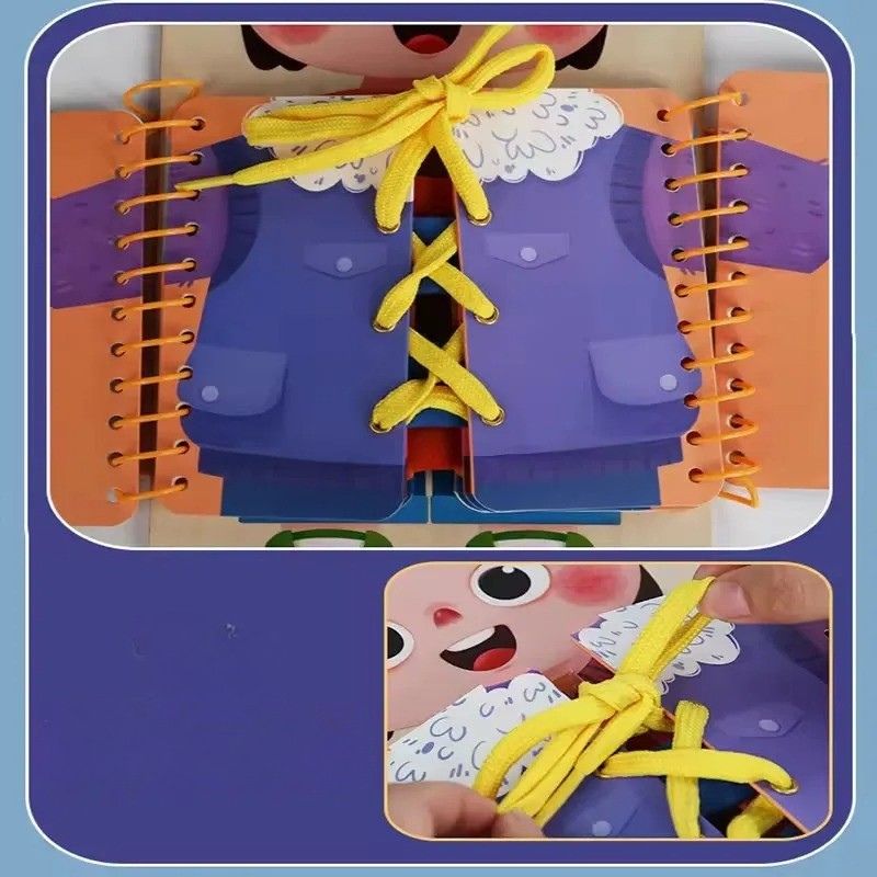 Détail d'une page de lacets jaunes noués sur le livre sensoriel en bois Montessori