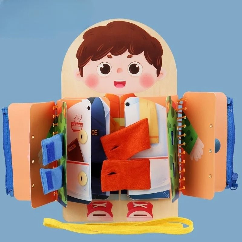Livre sensoriel en bois Montessori ouvert à plat montrant les activités d'habillage : zip, boutons, velcro, lacets