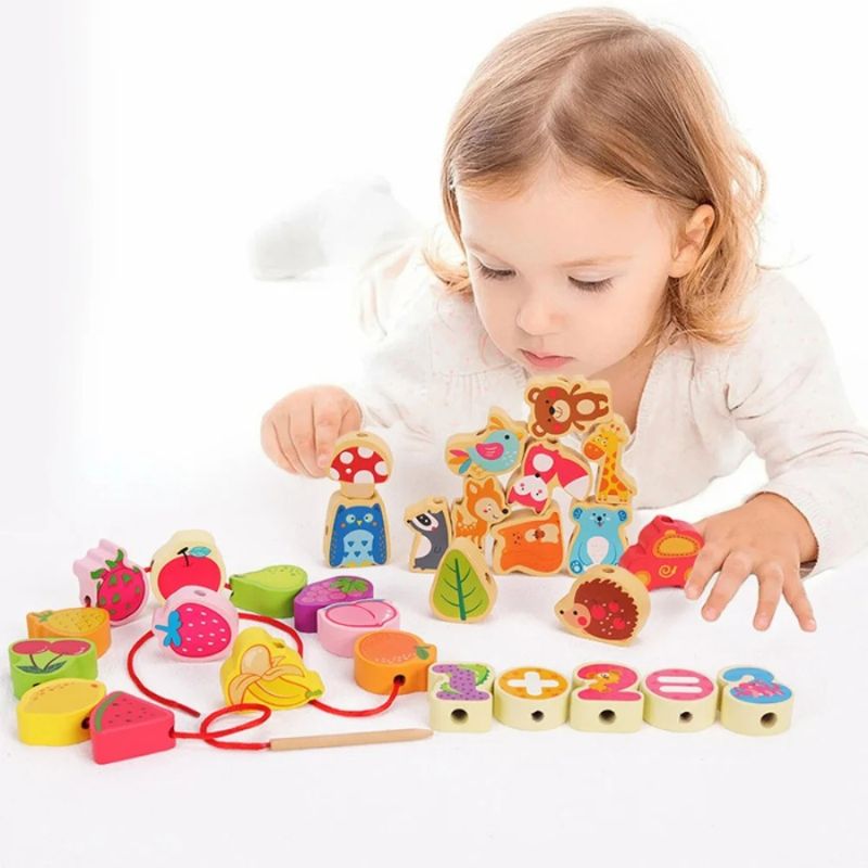 Perles en Bois à Enfiler Montessori – Fruits, Animaux & Lettres, Motricité Fine 3 Ans+